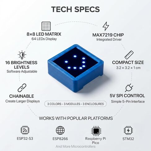 Lonely Binary 3-Pack 8x8 LED Matrix MAX7219 3-Color لـ Arduino وESP32 | وحدات حمراء وخضراء وزرقاء + حافظات مطبوعة ثلاثية الأبعاد؛ SPI 5-pin، متتالي؛ سطوع 16 مستوى؛ بيكو، STM32؛ تمرير النص والألعاب in Kuwait