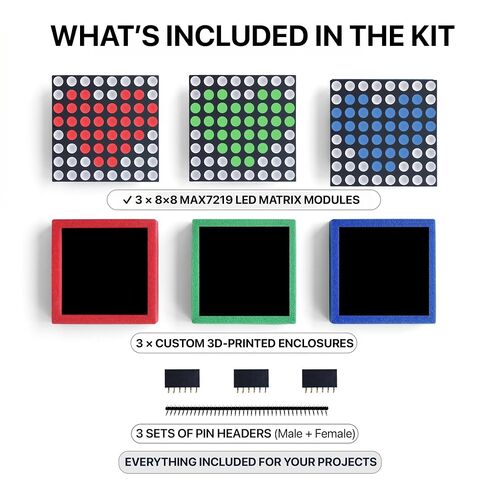Lonely Binary 3-Pack 8x8 LED Matrix MAX7219 3-Color لـ Arduino وESP32 | وحدات حمراء وخضراء وزرقاء + حافظات مطبوعة ثلاثية الأبعاد؛ SPI 5-pin، متتالي؛ سطوع 16 مستوى؛ بيكو، STM32؛ تمرير النص والألعاب in Kuwait