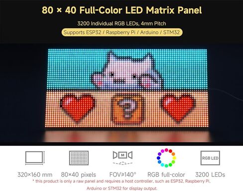 لوحة مصفوفة LED كاملة الألوان 3200 RGB، مسافة 4 مم، 80 × 40 بكسل، متوافقة مع Raspberry Pi 5/4B/Zero 2W/Zero/Pico 2W /Pico/STM32/ESP32، تدعم السطوع القابل للتعديل، قابلة للتسلسل، رسوم متحركة in Kuwait