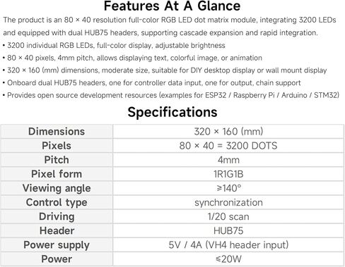 لوحة مصفوفة LED كاملة الألوان 3200 RGB، مسافة 4 مم، 80 × 40 بكسل، متوافقة مع Raspberry Pi 5/4B/Zero 2W/Zero/Pico 2W /Pico/STM32/ESP32، تدعم السطوع القابل للتعديل، قابلة للتسلسل، رسوم متحركة in Kuwait