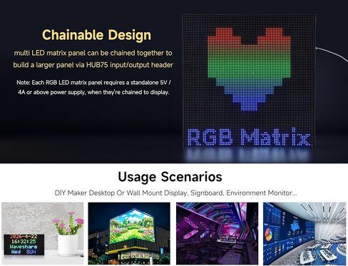 لوحة مصفوفة LED كاملة الألوان 3200 RGB، مسافة 4 مم، 80 × 40 بكسل، متوافقة مع Raspberry Pi 5/4B/Zero 2W/Zero/Pico 2W /Pico/STM32/ESP32، تدعم السطوع القابل للتعديل، قابلة للتسلسل، رسوم متحركة in Kuwait