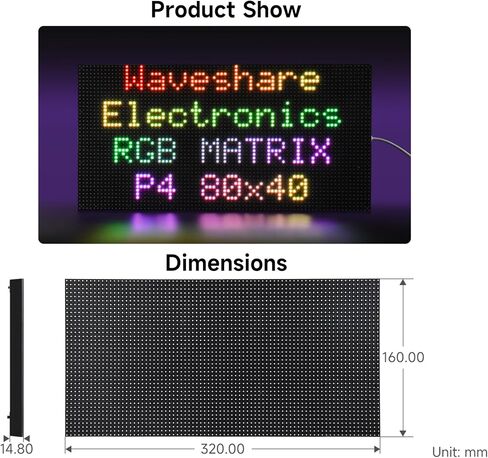لوحة مصفوفة LED كاملة الألوان 3200 RGB، مسافة 4 مم، 80 × 40 بكسل، متوافقة مع Raspberry Pi 5/4B/Zero 2W/Zero/Pico 2W /Pico/STM32/ESP32، تدعم السطوع القابل للتعديل، قابلة للتسلسل، رسوم متحركة in Kuwait