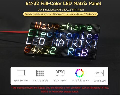 2048 RGB Full-Color LED Matrix Panel, 2.5mm Pitch, 64 × 32 Pixels, Compatible with Raspberry Pi/Pico 2W / ESP32, Support Adjustable Brightness, Chainable, Displaying Text, Animation, GOB Waterproof in Kuwait