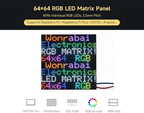 لوحة مصفوفة LED كاملة الألوان 64 × 64 4096 RGB، مسافة 2.5 مم 64 × 64 بكسل، سطوع قابل للتعديل، متوافقة مع Raspberry Pi 5/4B/3B/Zero W/Zero 2W/Pico W/Pico 2W، ESP32 / Ardui، إلخ. in Kuwait