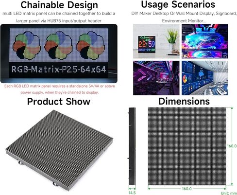 لوحة مصفوفة LED كاملة الألوان 64 × 64 4096 RGB، مسافة 2.5 مم 64 × 64 بكسل، سطوع قابل للتعديل، متوافقة مع Raspberry Pi 5/4B/3B/Zero W/Zero 2W/Pico W/Pico 2W، ESP32 / Ardui، إلخ. in Kuwait