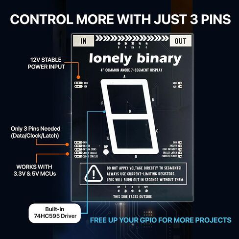 شاشة LED Lonely Binary 2-Pack 4" 7-Segment LED 74HC595 لـ Arduino & ESP32 | أرقام قابلة للتسلسل 100 مم؛ قطاعات 12 فولت، منطق 5 فولت/3.3 فولت، 3 دبابيس؛ بيكو، STM32، ESP8266؛ لوحة النتائج، الساعة، المؤقت؛ البرامج التعليمية in Kuwait