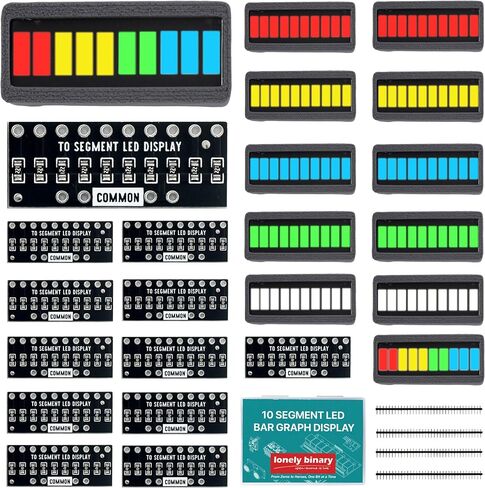 LONELY BINARY 12-Pack 10-Segment LED Bar Graph 6-Color Resistor PCB Case | 2x لكل منها: أحمر، أصفر، أبيض، أخضر، أزرق، متعدد الألوان؛ مقاومات مدمجة للحد من التيار، بدون أسلاك؛ 2.54 ملم؛ اردوينو، ESP32 in Kuwait