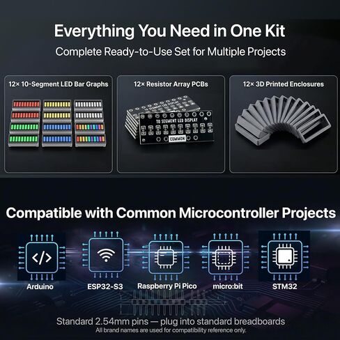 LONELY BINARY 12-Pack 10-Segment LED Bar Graph 6-Color Resistor PCB Case | 2x لكل منها: أحمر، أصفر، أبيض، أخضر، أزرق، متعدد الألوان؛ مقاومات مدمجة للحد من التيار، بدون أسلاك؛ 2.54 ملم؛ اردوينو، ESP32 in Kuwait