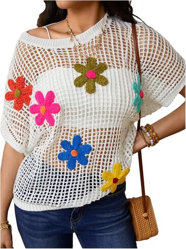 Women's Floral Summer Crochet Tops Hollow Out Scoop Neck Applique Sweater Boho Knit Pullover Tops Beach Cover Ups in Saudi Arabia