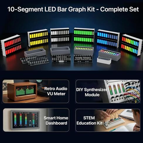 LONELY BINARY 12-Pack 10-Segment LED Bar Graph 6-Color Resistor PCB Case | 2x لكل منها: أحمر، أصفر، أبيض، أخضر، أزرق، متعدد الألوان؛ مقاومات مدمجة للحد من التيار، بدون أسلاك؛ 2.54 ملم؛ اردوينو، ESP32 in Kuwait