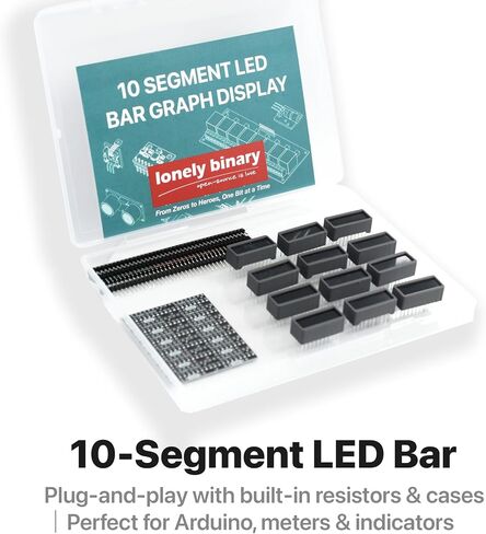 LONELY BINARY 12-Pack 10-Segment LED Bar Graph 6-Color Resistor PCB Case | 2x لكل منها: أحمر، أصفر، أبيض، أخضر، أزرق، متعدد الألوان؛ مقاومات مدمجة للحد من التيار، بدون أسلاك؛ 2.54 ملم؛ اردوينو، ESP32 in Kuwait