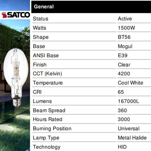 Satco S5837 BT56 1500 Watt Metal Halide HID Light Bulbs, 4200K Cool White E39 Mogul Base, for Street, Automotive Lighting, Industrial Lighting, Sports Arenas, Parking Lots, and Commercial (2 Count) in Kuwait