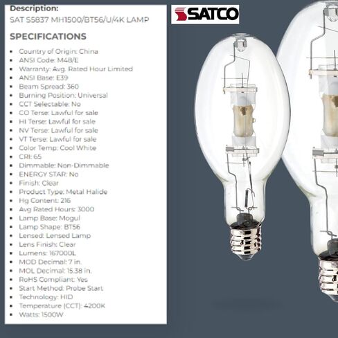 Satco S5837 BT56 1500 Watt Metal Halide HID Light Bulbs, 4200K Cool White E39 Mogul Base, for Street, Automotive Lighting, Industrial Lighting, Sports Arenas, Parking Lots, and Commercial (2 Count) in Kuwait
