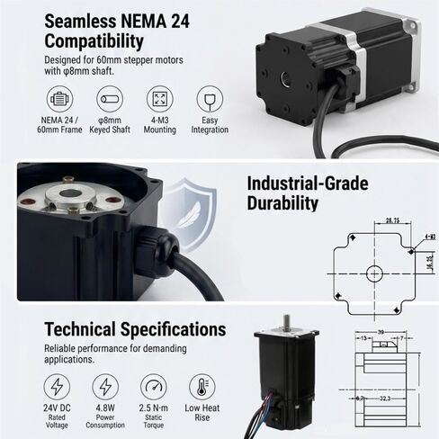 24V Permanent Magnet Power Off Brake for 60mm NEMA 24 Stepper Motor | 4.8W, 2.5 N·m, 8mm Shaft Hole, 60mm NEMA 24 Motor, Emergency Power Loss Stop, Automation Equipment in Saudi Arabia