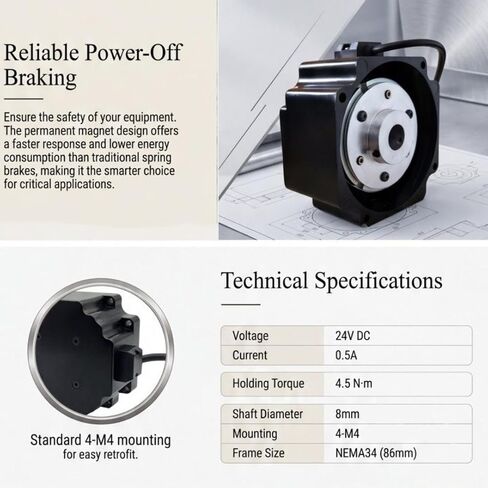 86mm NEMA34 Stepper Motor Permanent Magnet Brake 24V DC | 8mm Shaft, 4.5N.m 0.5A Power Off Braking, Automation Equipment Emergency Braking in Saudi Arabia