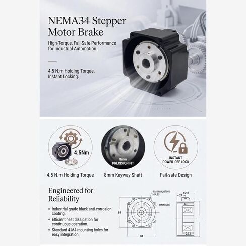 86mm NEMA34 Stepper Motor Permanent Magnet Brake 24V DC | 8mm Shaft, 4.5N.m 0.5A Power Off Braking, Automation Equipment Emergency Braking in Saudi Arabia