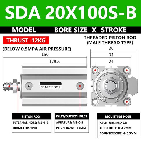 SDA20X100S-B SDA Pneumatic Thin Air Cylinder 20MM Threaded Pistion Rod Bore X 100MM Stroke Aluminum Alloy Double Acting Pneumatic Compact Cylinder for Pneumatic and Hydraulic (with Magnetic Ring) in Kuwait