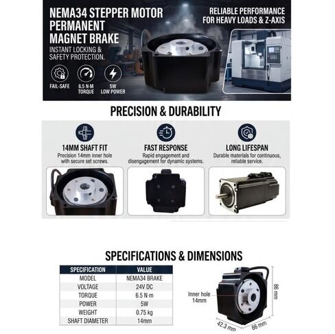 86mm Permanent Magnet Power Off Brake for NEMA34 Stepper Motor 24V DC 6.5N·m | 14mm Shaft Diameter, 86x86mm Frame, 5W Power, Fail Safe Braking, 86mm Stepper Motor, Emergency Braking in Saudi Arabia