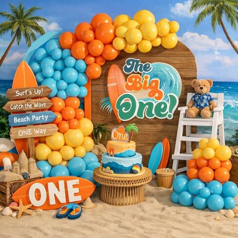 The Big One Balloon Arch Garland Kit for Surfs Up First Birthday Baby on Boy Baby Shower Ride the Wave Boy Beach موضوع عيد ميلاد حفلة خلفية (Slate Blue) in Kuwait