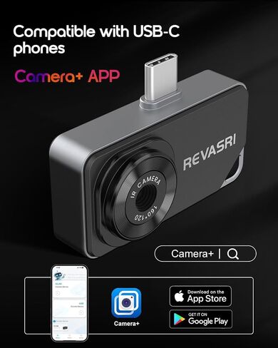 كاميرا REVASRI الحرارية لأجهزة iPhone وAndroid، كاميرا تصوير حراري بدقة 320×240 فائقة الدقة بالأشعة تحت الحمراء، -4 إلى 842 درجة فهرنهايت، متوافقة مع جهاز USB-C iOS وAndroid in Kuwait