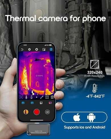 كاميرا REVASRI الحرارية لأجهزة iPhone وAndroid، كاميرا تصوير حراري بدقة 320×240 فائقة الدقة بالأشعة تحت الحمراء، -4 إلى 842 درجة فهرنهايت، متوافقة مع جهاز USB-C iOS وAndroid in Kuwait