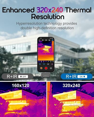 كاميرا REVASRI الحرارية لأجهزة iPhone وAndroid، كاميرا تصوير حراري بدقة 320×240 فائقة الدقة بالأشعة تحت الحمراء، -4 إلى 842 درجة فهرنهايت، متوافقة مع جهاز USB-C iOS وAndroid in Kuwait