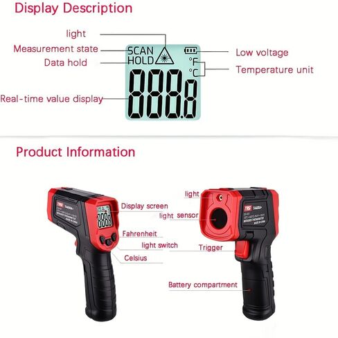 Infrared Thermometer, Digital Laser Temperature Meter -37°F~932°F (-32°C~400°C) IR Temperature Gun (Not for Humans) Ideal for Cooking, Frying, Kitchen, Barbecue, Meat, Sugar, Freezer in Kuwait