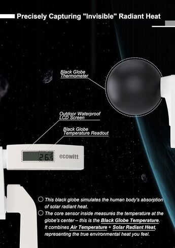ECOWITT WN38 Black Globe ميزان الحرارة، درجة حرارة الكرة الأرضية الرطبة، مجموعة مراقبة الضغط الحراري، تحتاج إلى الاقتران مع البوابة/المحور in Kuwait
