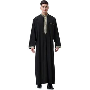 Men Arabic Long Sleeve Embroidery Decal Thobe Stand Collar Kaftan Robe
