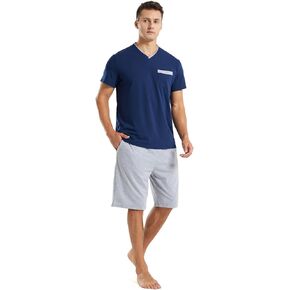 Men's Comfortable Short Sleeve Pajama Sets, V-Neck Top and Shorts Sleepwear Summer Pajamas