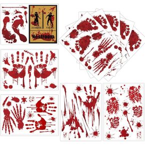 97PCS Bloody Footprints Floor Clings Halloween Window Crime Scene Decorations Handprint Restroom Sign Decals(10 Sheets)