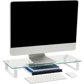 Mind Reader Monitor Stand, Contemporary, Desktop Organizer, Laptop Riser, Office, Glass, 22" L x 8.25" W x 3" H, Clear