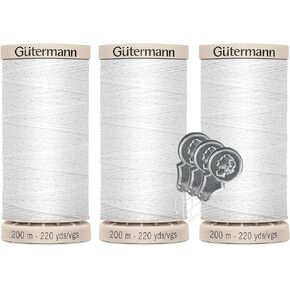 Gutermann Hand Quilting Thread - 100% Mercerized Cotton - 220 Yards - 738219-3 Pack Bundle with 3 Bella's Crafts Needle Threaders (Light Pearl - 0919)