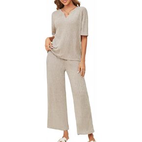 Women's 2 Piece Outfits Summer 2024 Short Sleeve Pullover Tops and Wide Leg Pants Lounge Sets Casual Tracksuit
