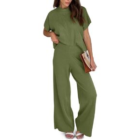 Imily Bela Women's 2 Piece Outfits Sweater Knit Sets Mock Neck Short Sleeve Tops Wide Leg Pants Casual Tracksuit