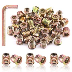 Swpeet 90Pcs Carbon Steel Color Zinc Plated Carbon Furniture Screw in Nut Flanged Screw-in Hex Socket Drive Threaded Inserts Nuts Assortment Kit with 1Pcs Wrench (Assortment Kit)