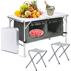 طاولات قابلة للطي، طاولة تخييم قابلة للطي مع ساق قابلة للتعديل بمستويين، مقبض حمل للاستخدام في الهواء الطلق، الشاطئ، الشواء، النزهة، الطبخ، المهرجانات، داخلي، مكتب، صيد الأسماك، المشي لمسافات طويلة، الحفلات (أبيض L) in Kuwait