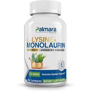 L-Lysine + Monolaurin 600mg 1:1 Ratio, 1 Pack, 100 Capsules
