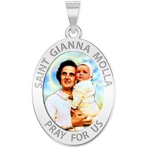 PicturesOnGold.com Saint Gianna Beretta Molla Oval Color Religious Medal - 1/2 X 2/3 Inch Size of Dime, Sterling Silver