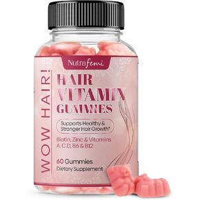 Nutrafemi Hair Vitamins for Women - 60 Biotin Gummies with 5000 mcg Biotin, Essential Vitamins, and Powerful Antioxidants for Stronger, Thicker Hair, Healthy Nails, and Glowing Skin