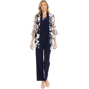 3PC Floral Threadwork Duster Pantsuit Tank Top and Matching Jacket W/Sheet Bell Sleeves