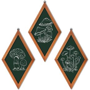 3 Pcs Mushroom Art Wall Decor 70s Home Vintage Aesthetic Boho Farmhouse Whimsical Home Decor Wood Diamond Frame Flower Hanging Wall Frame for Apartment Bedroom Office(Dark Green, Mushroom)
