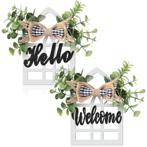 2 Pieces Farmhouse Window Tiered Tray Decorations Cathedral Arch Window Sign Wood Hello Welcome Sign Decor Farmhouse Window Decoration for Tiered Tray Shelf Table Counter