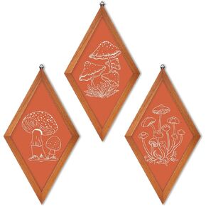 3 Pcs Mushroom Art Wall Decor 70s Home Vintage Aesthetic Boho Farmhouse Whimsical Home Decor Wood Diamond Frame Flower Hanging Wall Frame for Apartment Bedroom Office(Dark Green, Mushroom)