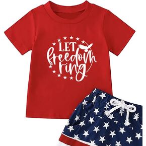 Toddler Girls Boys 4th of July Patriotic Tshirt Infant Baby Let Freedom Ring Letter Printed Shirt Kid USA Flag Outfit in Kuwait