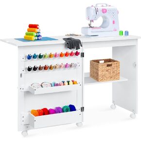 Best Choice Products Folding Sewing Table Multipurpose Craft Station & Side Desk with Compact Design, Wheels, Shelves, Storage Trays, Pegs, Magnetic Doors, Metal Doorknobs - Natural/White