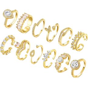 BOMAIL 12Pcs Gold Rings for Women - Adjustable Open Knuckle Rings Non Tarnish 14K Gold Plated Stackable Cubic Zirconia Rings Dainty Thumb Rings Set Jewelry Gift