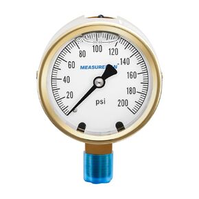 Measureman Fully Brass Hydraulic Glycerin Filled Pressure Gauge, 2-1/2" Dial Size, 1/4"NPT Lower Mount, 0-200psi/kpa