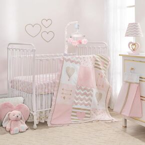 مجموعة مفروشات سرير الأطفال من Lambs & Ivy Baby Love باللون الوردي/الذهبي على شكل قلب فتاة مكونة من 4 قطع