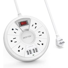 Travel Power Strip, BESTEK 6Ft Extension Cord with 4 USB Ports and 6-Outlet (13A 125V), Surge Protector Power Strip for Dorm Room, Bedside, Cruise Ship, 220J, White